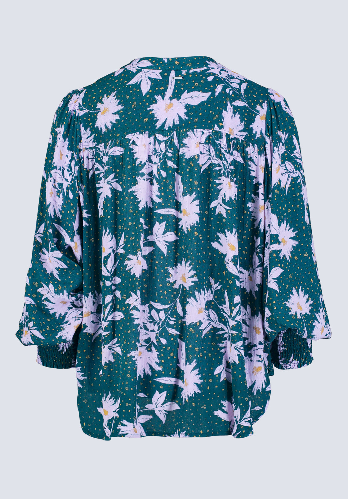 Ottilie Women's Long-Sleeved Blouse. Green with Purple Floral - WT0120F