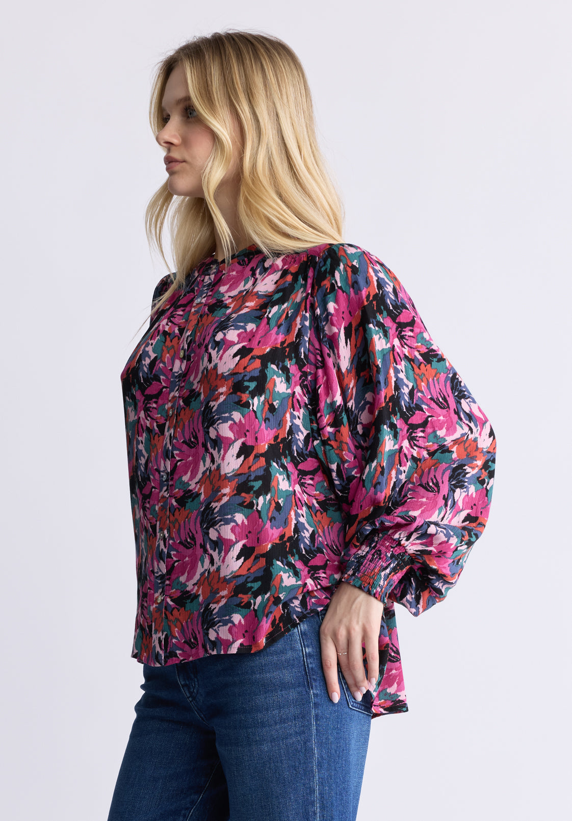 Ottilie Women's Long-Sleeved Blouse. Dark Pink Floral - WT0120F