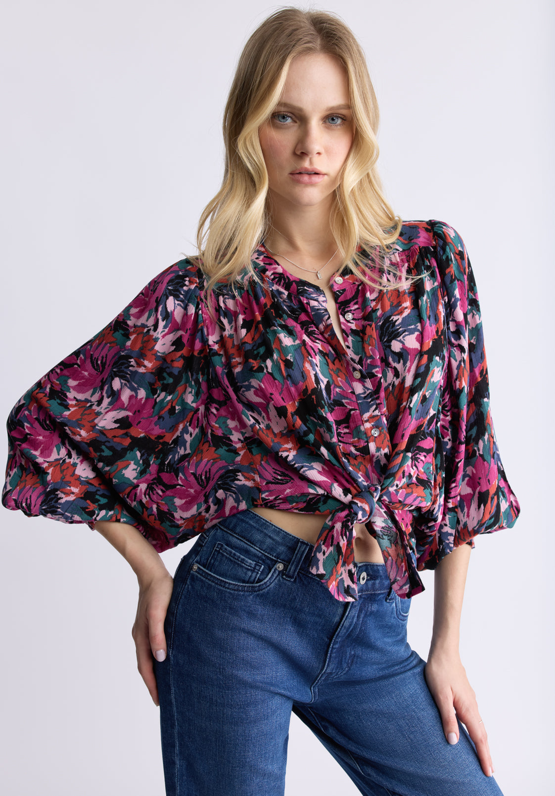 Ottilie Women's Long-Sleeved Blouse. Dark Pink Floral - WT0120F