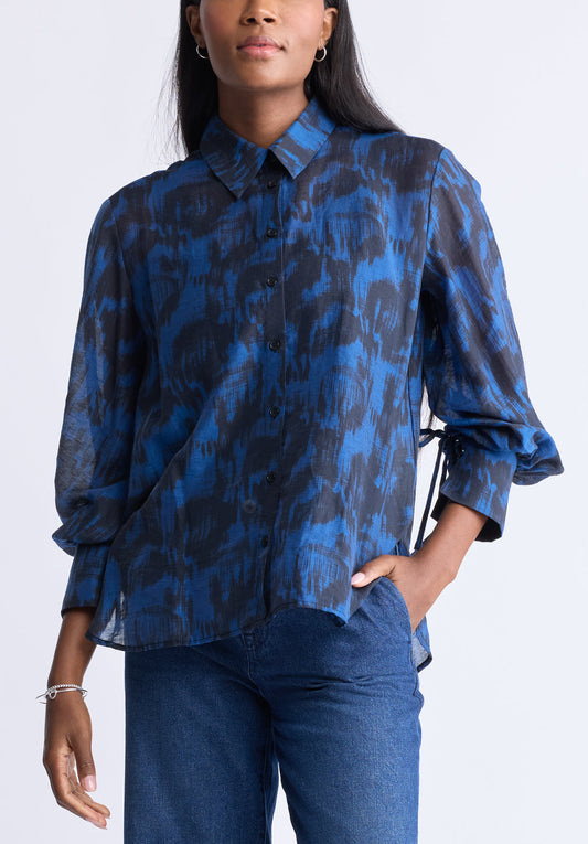 Hayley Women's Abstract Print Button-Up Shirt. Navy & Black - WT0129H
